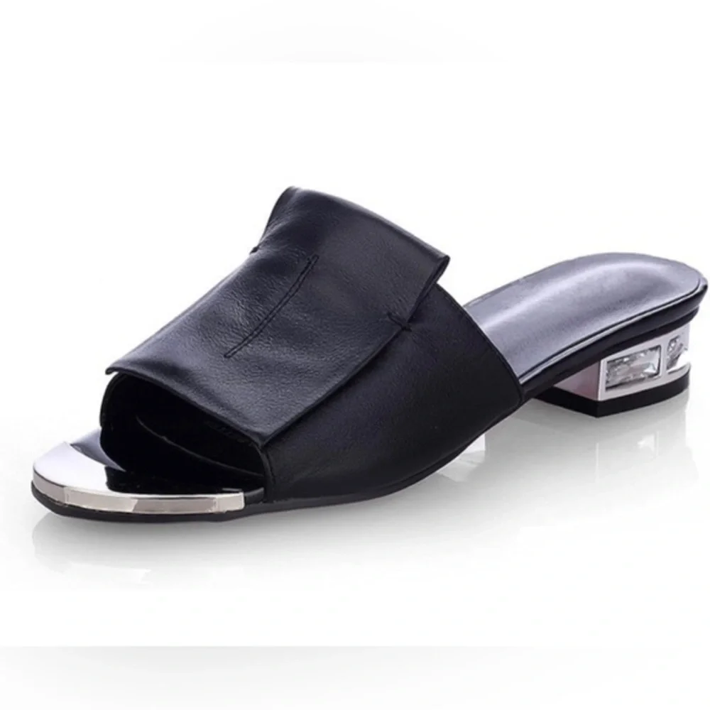 NEW Black Sandal Slides w/ Crystal Heels Size 9
